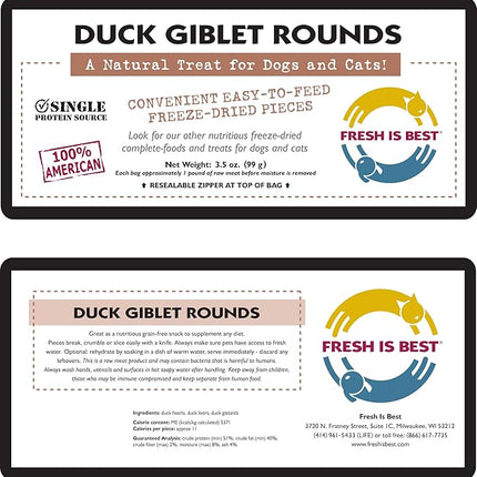 Fresh Is Best Freeze Dried Dog Treats – Raw Freeze Dried Cat Treats in Resealable Zipper Bag – High-Protein Duck Giblets for Dogs & Cats – Made in The USA