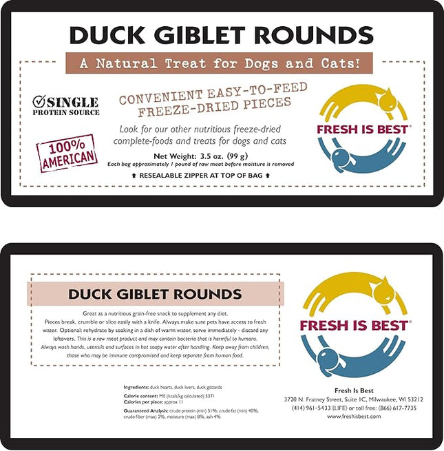 Fresh Is Best Freeze Dried Dog Treats – Raw Freeze Dried Cat Treats in Resealable Zipper Bag – High-Protein Duck Giblets for Dogs & Cats – Made in The USA