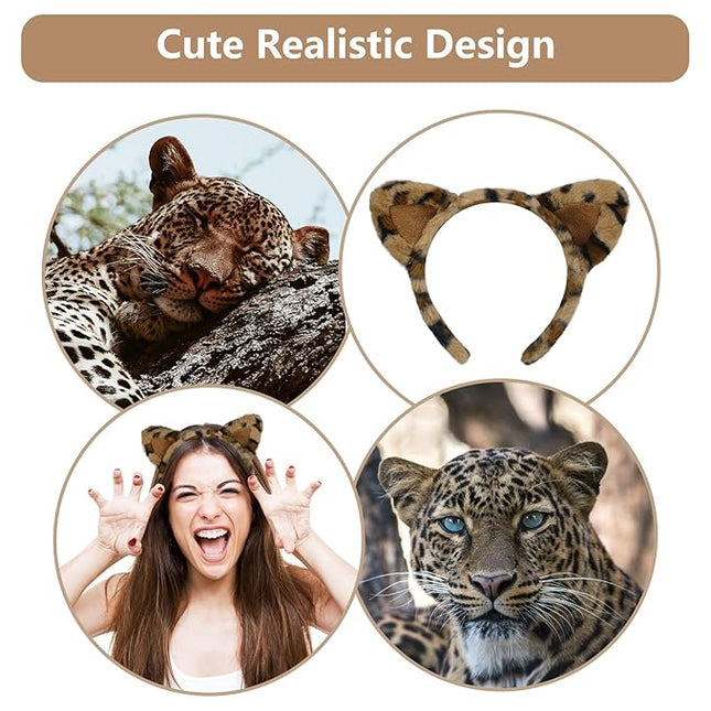 Beviliu Leopard Cheetah Ears Headband, Leopard Cat Headband for Women, Leopard print Costume Bear Bunny Dog Hairband for Birthday Party Halloween Christmas Washing Makeup Cosplay, 4Pack