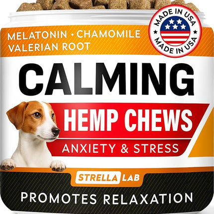 STRELLALAB Vet Formulated Hemp Calming Chews for Dogs - Anxiety Relief Calming Treats - Advanced Melatonin Pet Calm - Natural Sleep Aid & Stress, Separation Anxiety Relief - 120 Treats - Bacon