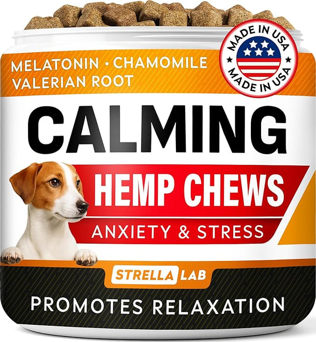 STRELLALAB Vet Formulated Hemp Calming Chews for Dogs - Anxiety Relief Calming Treats - Advanced Melatonin Pet Calm - Natural Sleep Aid & Stress, Separation Anxiety Relief - 120 Treats - Bacon