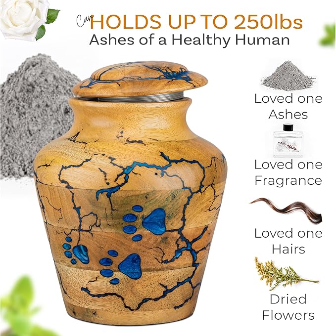 INTAJ Wooden Pet Urns for Dogs/Cats Ashes - Blue Resin Paws & Lichtenburg Design - Keepsake Cremation Urn Box, Pet Memorial Wooden Urns for Ashes, Small to Large Sizes (Classic, Large)