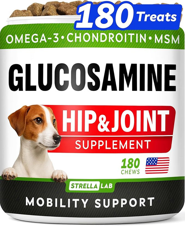 Glucosamine Treats for Dogs - Joint Supplement w/ Omega-3 Fish Oil - Chondroitin, MSM - Advanced Mobility Chews - Joint Pain Relief - Hip & Joint Care - Chicken Flavor - 180 Ct - Made in USA
