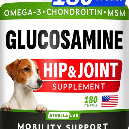 Glucosamine Treats for Dogs - Joint Supplement w/ Omega-3 Fish Oil - Chondroitin, MSM - Advanced Mobility Chews - Joint Pain Relief - Hip & Joint Care - Peanut Butter Flavor - 180 Ct - Made in USA