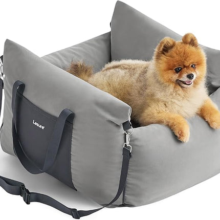 Lesure Small Dog Car Seat for Small Dogs - Soft Dog Booster Seat for Car with Storage Pocket and Clip-On Safety Leash and Thickened Memory Foam Filling, Pet Carseat Travel Carrier Bed, Grey