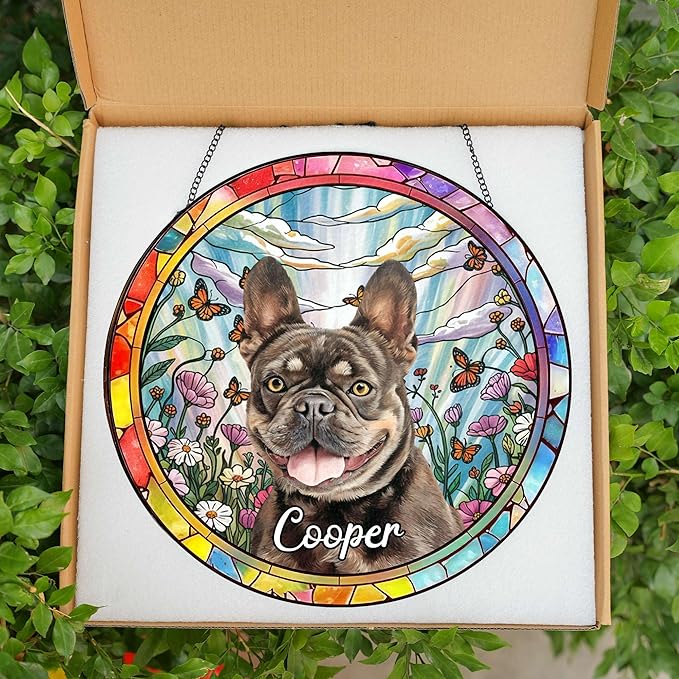 Custom Dog Portrait Stained Glass Window Hangings, Pet Stained Glass Suncatcher, Loss of Dog Sympathy Gift Personalized, Custom Name Dog Memorial Gifts