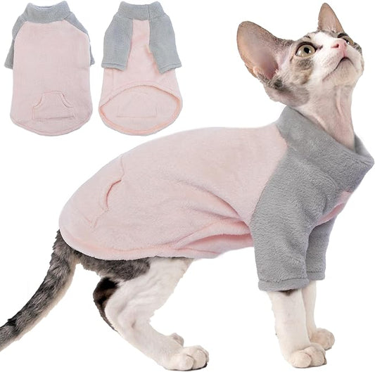 PUMYPOREITY Cozy Cat Sweater with Sleeves, Soft Coral Fleece Cat Clothes, Warm Winter Coat Thick Fleece for Hairless Cats, XL, Pink