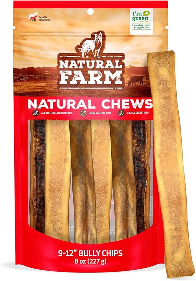 Natural Farm Bully Chips (9-12 Inch, 8 Oz.), Digestible Beef Cheek from Grass-Fed Cows, Non-GMO, Grain-Free, Natural Long-Lasting Dog Chews for Small, Medium & Large Dogs, Great Rawhide Alternative