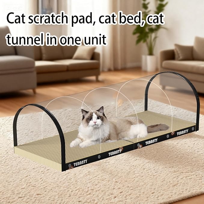 3 Function in 1 Cardboard Cat Scratcher Board, 31.5 in Cat Scratcher House, Cat Scratchers for Indoor Cats, Arched Cats Scratch Pad As Cat Bed, Cat Tunnel for Sleep, Grind Claws (Black)