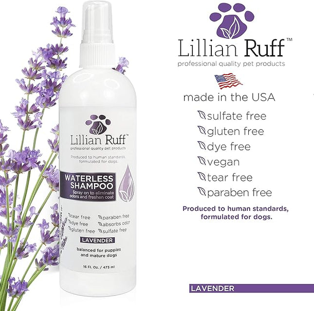 Lillian Ruff Waterless No-Rinse Dog Dry Shampoo Spray with Hydrating Essential Oils - pH-Balanced Dry Shampoo for Dogs - Clean, Condition, Detangle & Deodorize Dry, Sensitive Skin (Lavender)