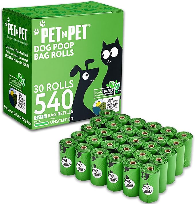 Pet N Pet 540 Counts Green Poop Bags for Dogs, 41% Plant Based & 59% PE Extra Thick Dog Poop Bags Rolls, 9" x 13", Unscented Dog Waste Bag, Pet Supplies for Dogs