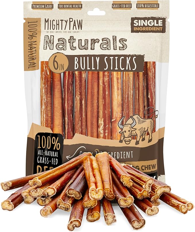 Mighty Paw Naturals Bully Sticks for Dogs - Grass Fed Beef Dog Chews. Pets Stick for Large Dogs, Medium and Small Breeds. Lower Odor Bully Treats for Small Pets. Single Ingredient (6" - 25 Pack)