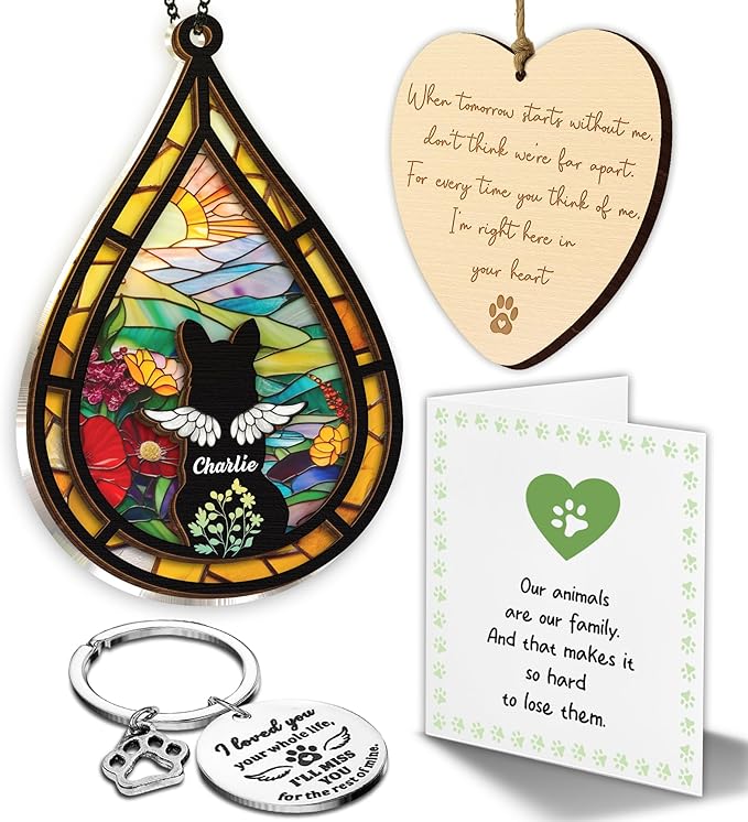 Personalized Angel Dog Memorial Suncatcher, Dog Cat Suncatcher Remembrance Gift, Engraved Pet Memorial Ornament, Pet Sympathy Keychain, Animal Loss Sympathy Card, Rainbow Bridge Pet Loss Gift