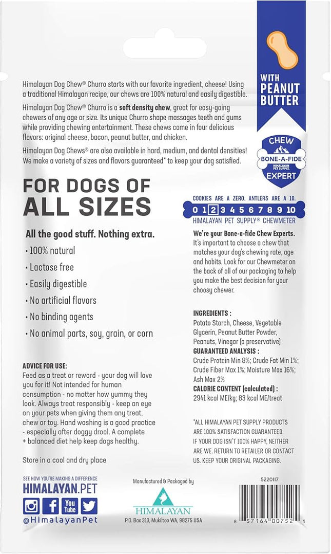 Himalayan Dog Chew Churro Yak Cheese Dog Chews, 100% Natural, Long Lasting, Gluten Free, Healthy & Safe Dog Treats, Lactose & Grain Free, Protein Rich, Real Peanut Butter Flavor, 4 Churros Per Pouch