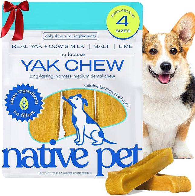 Native Pet Yak Cheese Himalayan Dog Chews - Long Lasting Dental Sticks for Medium Breeds – 100% All Natural Himalayan Yak Chews for Medium Dogs – Cheese Bone for Aggressive Chewers - 10 Per Pack