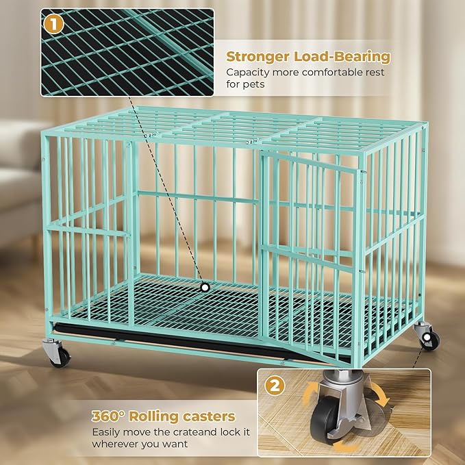 48 in Green Heavy Duty Dog Crate Steel Escape Proof, Indoor Double Doors and Lockable Wheels,Removable Tray, for Dog Breeds,XL,XXL