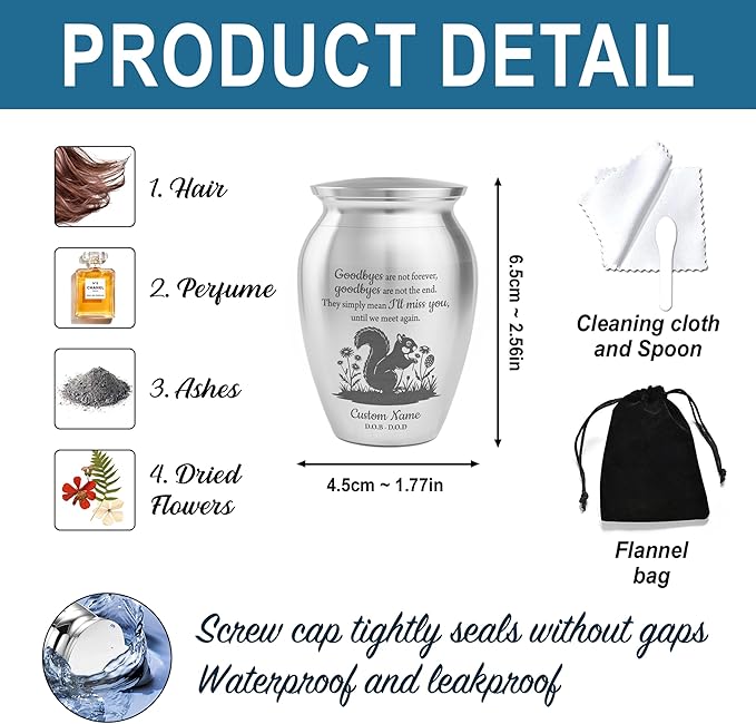 Artsy Woodsy Squirrel Memorial Mini Urn for Human Ashes Keepshake, Decorative Keepsake Urn with Engraved Squirrel 2.56 inch, Small Memorial Gifts for Pet Lovers (02, 2.56x1.77)