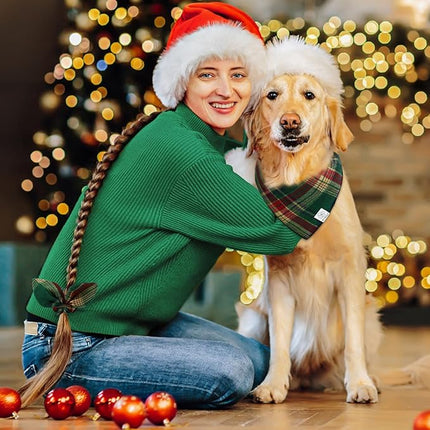 E-Clover Christmas Cute Dog Bandanas Plaid Dog Bandana Matching Scrunchie Pet Kerchief Scarf for Medium Large Dogs Boy Girl Green Red