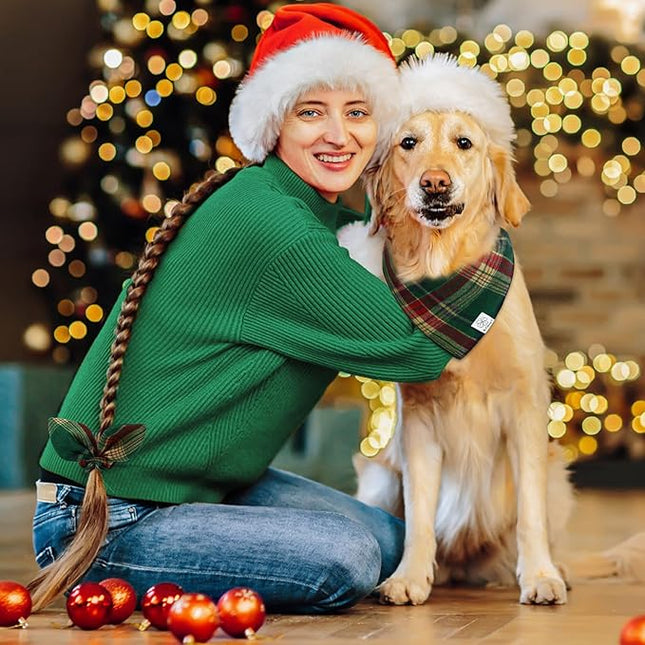 E-Clover Christmas Cute Dog Bandanas Plaid Dog Bandana Matching Scrunchie Pet Kerchief Scarf for Medium Large Dogs Boy Girl Green Red