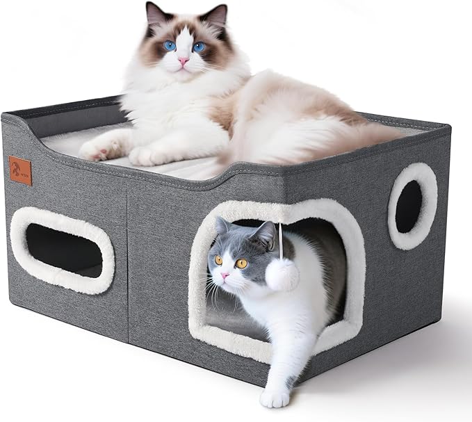 Petizer 23.8 Inches Large Cat Houses for Indoor Cats -Cute Cat Houses & Condos, Foldable Cat Cave Bed with Fluffy Ball and Scratch Pad, Cat Hideaway for Kittens, Kitty, Multi Small Pets, Dark Grey