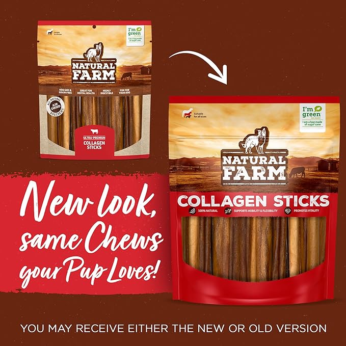 Natural Farm Collagen Sticks 6-Inch Dog Chews - Odor-Free, 95% Natural Collagen Supports Healthy Joints, Skin & Coat - Small, Medium Dogs – Lasts 20% More (6 inch, 5 Pack)