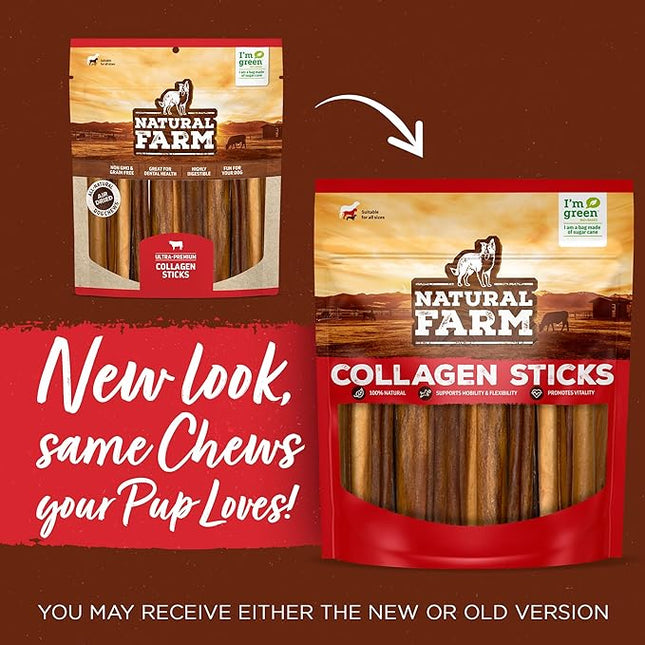 Natural Farm Collagen Dog Chews (3-5”, 10 Units), Odor-Free Long Lasting Bully Sticks & Rawhide Alternative Dog Treats, 95% Collagen Low Fat, High Protein – Small & Medium Dogs
