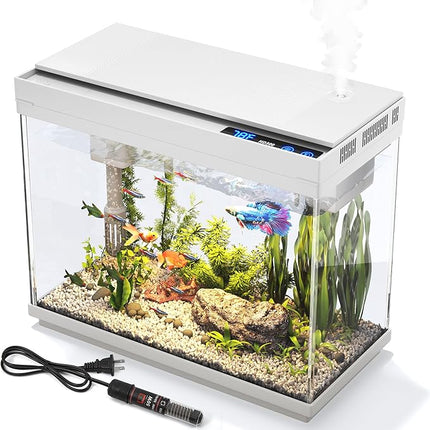 Aquarium, 2.4 Gallon Betta Fish Tank with Heater, Humidifier 3 in 1 Pump - Filteration & Oxygenation & Circulation, Temperature Display, HD Glass, Timed 7-Color Lights
