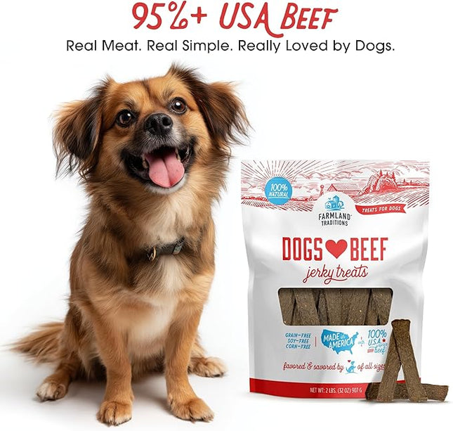 Farmland Traditions Dogs Love Beef Jerky Dog Treats, All Natural, Grain-Free, High Protein Training Treats, 2 Pound (Pack of 1) Bag