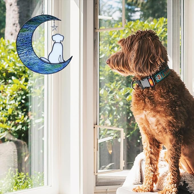 Dog Memorial Gifts for Loss of Dog Sympathy Gift, Stained Glass Dog Decor on Moon Window Hanging Suncatcher Pet Memorial Gifts Sympathy Pet Loss Gifts for Dog Lovers