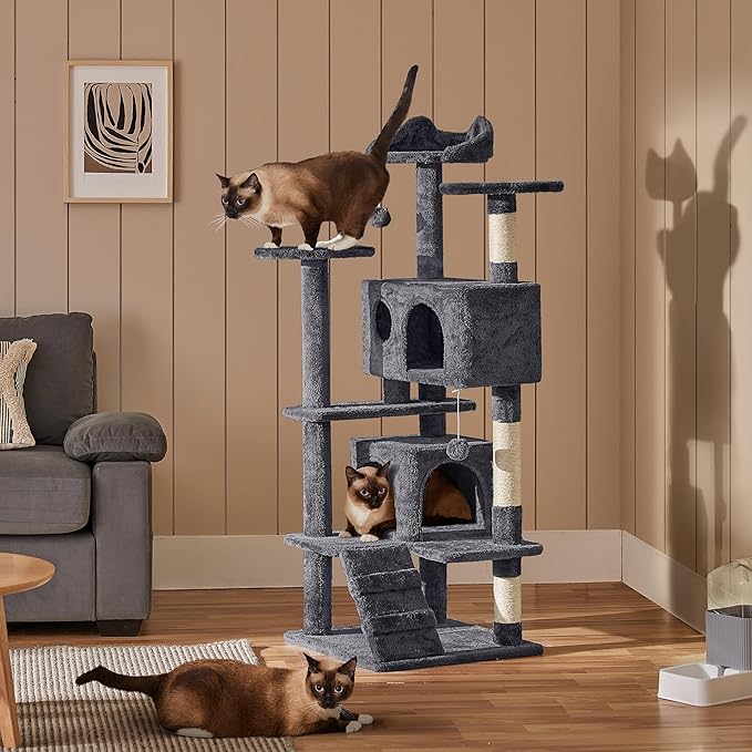Yaheetech 54in Cat Tree, Multi-Level Cat Tower with Spacious Kitten-ear Perch, 2 Cozy Caves, Scratching Posts, Climbing Ladder, 2 Plush Balls, Durable Pet House Furniture for Indoor Kittens, Dark Gray