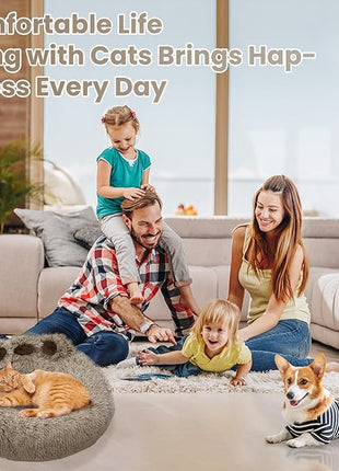 Calming Dog Bed Cat Bed Medium Size Dog - Donut Washable Medium Pet Bed, Warm Kitten Nest 24 inches Anti-Slip Round Fluffy Plush Faux Fur Cat Bed, Fits up to 25 lbs Pets, (Premium Brown)