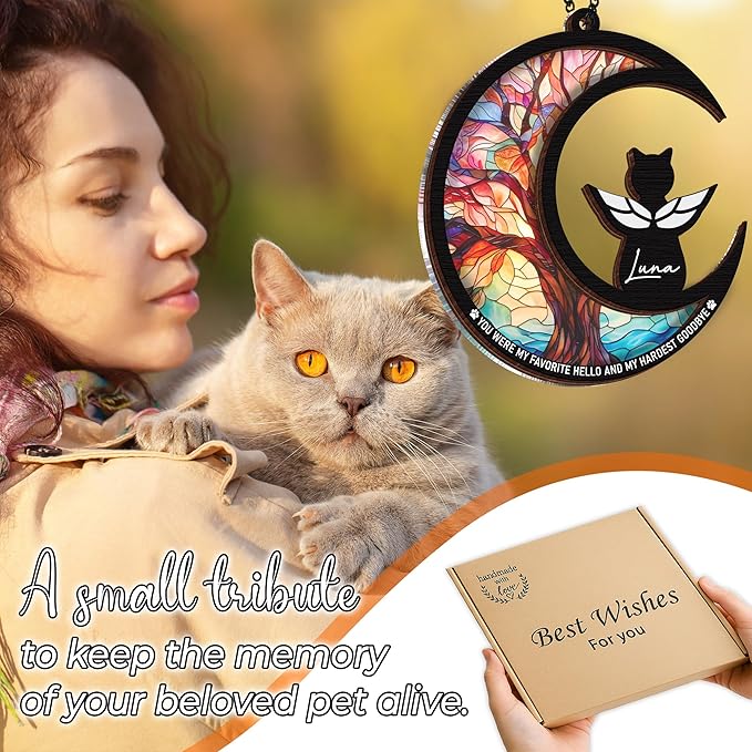6" Cat Angel Memorial Suncatcher, Engraved Pet Memorial Ornament, Pet Sympathy Keychain, Loss of Animal Sympathy Card, Rainbow Bridge Cat Loss Gift, My Favorite Hello Hardest Goodbye PS191