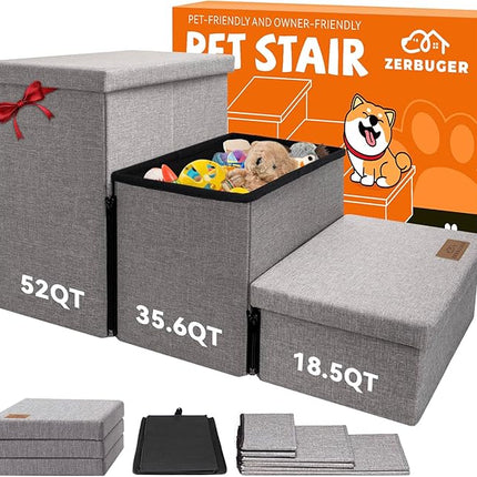 Wider Dog Stairs with Storage 18" H, 3-Step Sturdy Dog Steps for Large/Medium/Small Older Senior Dogs Cats, Folding Pet Stairs Climbing Bed or Couch, Arthritis-Friendly (Gray, No Condo)