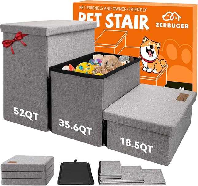 Wider Dog Stairs with Storage 18" H, 3-Step Sturdy Dog Steps for Large/Medium/Small Older Senior Dogs Cats, Folding Pet Stairs Climbing Bed or Couch, Arthritis-Friendly (Gray, No Condo)