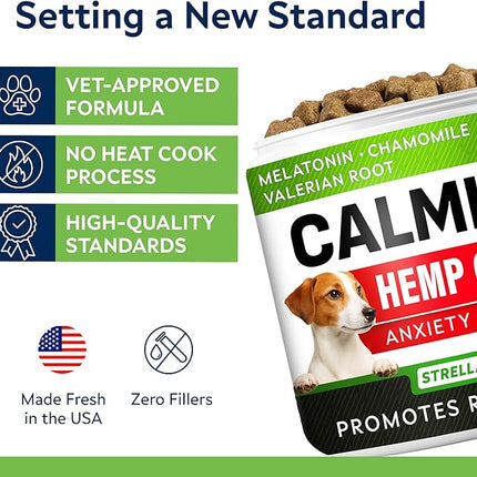 STRELLALAB Vet Formulated Hemp Calming Chews for Dogs - Anxiety Relief Calming Treats - Advanced Melatonin Pet Calm - Natural Sleep Aid & Stress, Separation Anxiety Relief - 120 Treats - Bacon