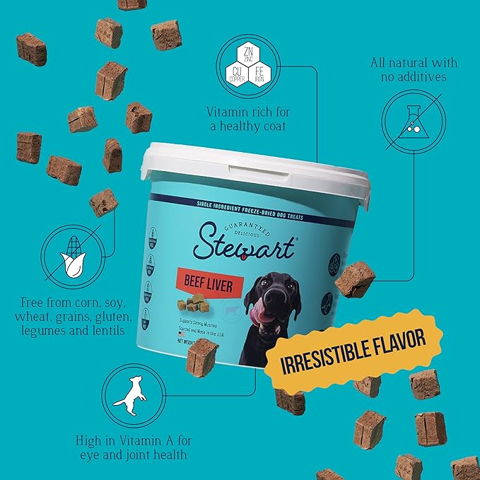 Stewart Single Ingredient Freeze Dried Raw Dog Treats, Beef Liver, 14 Ounce, Approx. 315 Pieces per Resealable Tub, Training Treats or Meal Topper, High Protein, Grain Free, Gluten Free