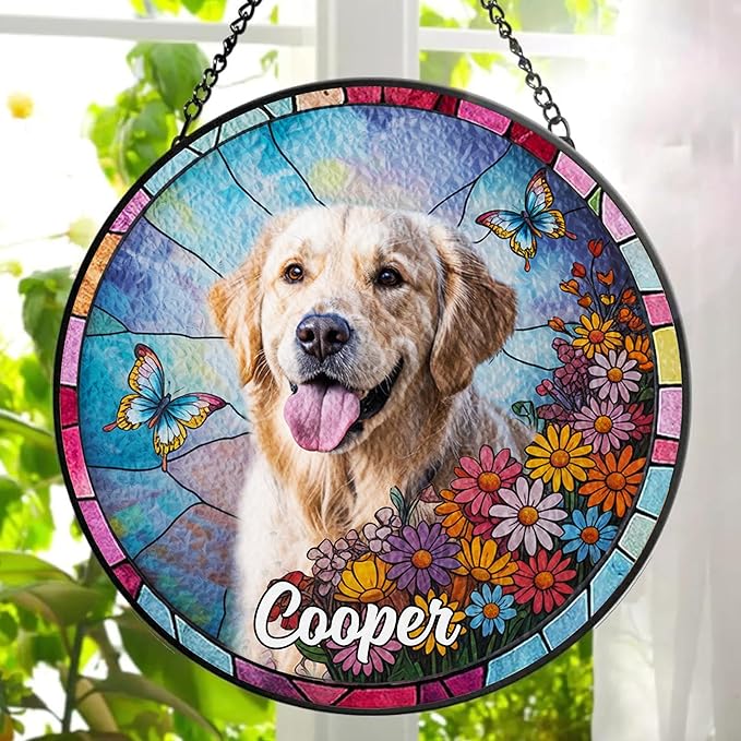 Gabita Custom Dog Portrait Stained Glass Window Hanging Light Catcher V2, Pet Memorial Stained Glass Photo, Dog Memorial Gift Pet Loss Sympathy Gift