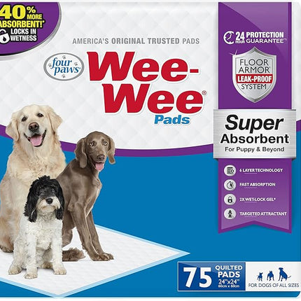 Four Paws Wee-Wee Super Absorbent Unscented Pee Pads for Dogs & Puppies with Insta-Rise Border, Leak-Proof Dog Housebreaking Potty Training Floor Protection, 24" x 24", 75 Count (Packaging May Vary)