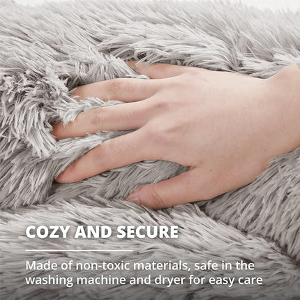 Friends Forever Luna Donut Cat Bed Cave, Soft Faux Fur Hooded Blanket Dog Couch For Indoor Pet, Fluffy Calming Plush Shag, Cozy Round Cushion, Machine Washable Cuddler, Self Warming, Grey