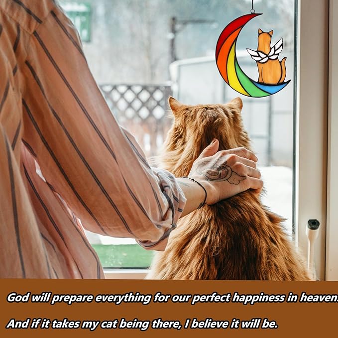 Orange Cat Memorial Gifts for Loss of Cat Mom Sympathy Bereavement, Rainbow Bridge Pet Memorial Gifts Stained Glass Window Hangings
