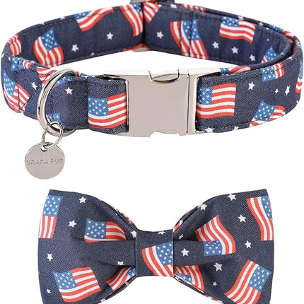 American Flag Dog Collar with Bow Tie, 4th of July Comfortable Cotton Cute Dog Collar with Metal Buckle, Patriotic Bowtie Collar for Puppy Girl Boy Dog or Cat, XS