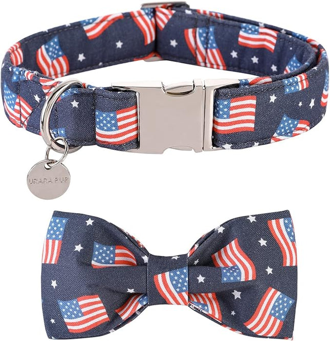 American Flag Dog Collar with Bow Tie, 4th of July Comfortable Cotton Cute Dog Collar with Metal Buckle, Patriotic Bowtie Collar for Puppy Girl Boy Dog, XL
