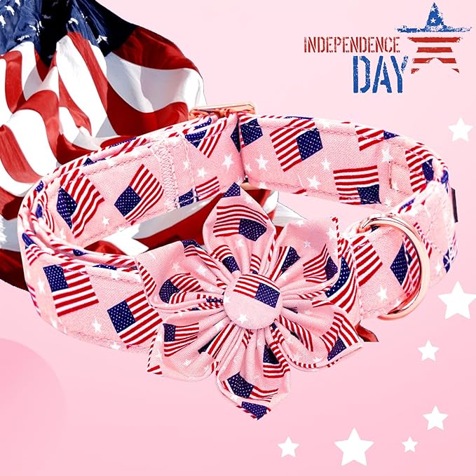 Lionheart glory American Flag Dog Collar 4 of July Dog Collars with Flower Independence Patriotic Dog Flower Collars Heavy Duty Adjustable Collar Flower for Large Dogs Pet Gift