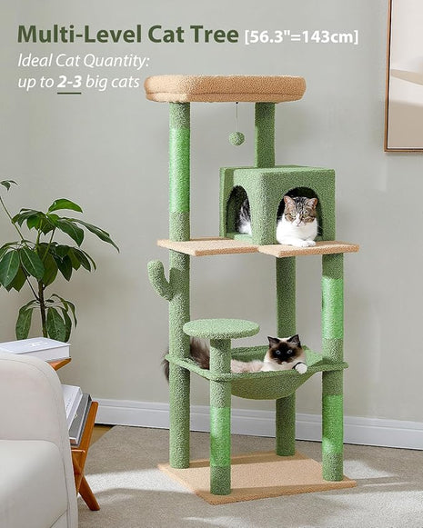 Cactus Cat Tree for Large Cats with Metal Plush Big Hammock, 56.3" Cat Tower for Indoor Cats with 2 Door Condo House, 6-Tier Cat Shelves with Scratching Posts and Large Top Perch,Green