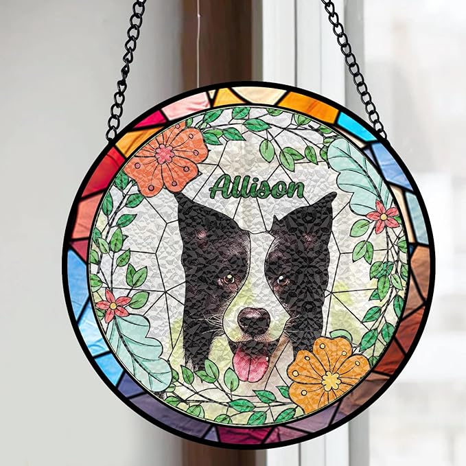 Gabita Custom Pet Portrait Stained Glass Window Hanging, Memorial Dog Portrait Art Ornaments, Dogs Ornament Christmas Tree, Dog Sympathy Gift, Pet Memorial Ornament