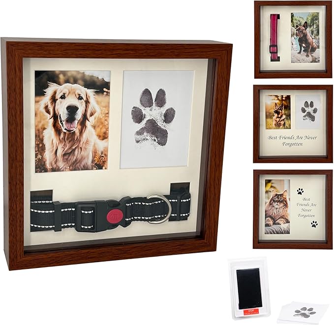 Pet Memorial Dog Picture Frame, 4 Customizable Displays, 9x9, Paw Print Kit for Dogs, Pet Memorial Gift for Dogs, Loss of Dog Sympathy Gift, Pet Paw Print Impression Kit (Brown)