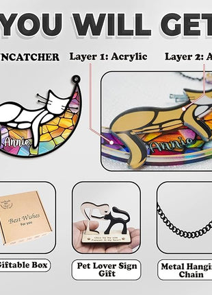 Cat Memorial Suncatcher, Personalized Name Pet Sleeping on Moon Ornament Window Car Hanging, Sympathy Gift for Loss of Pet Passed Away Keepsake, Remembrance Gifts for Cat Lovers