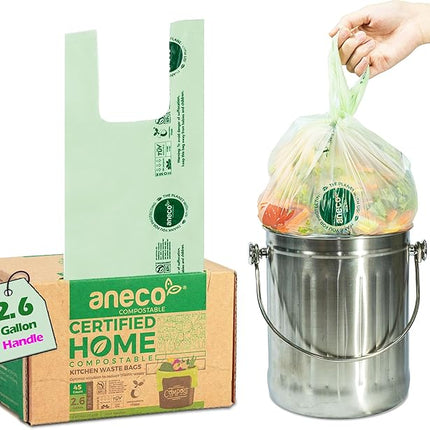 ANECO 100% Compostable Food Waste Bags 2.6 Gallon With Handles, Small Compost Bags for Countertop Bin, OK Compost HOME & BPI Certified Compostable Kitchen Food Waste Bag (45 Count)