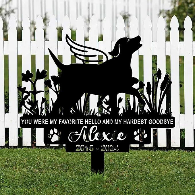 Personalized Dog Memorial Grave Marker, Custom Pet's Name Cemetery Decorations for Funerary, Metal Dog Burial Garden Stake, Outdoor Sympathy Angel Handstone Stake Plaque Gift for Loss