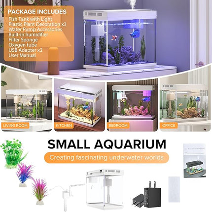 Fish Tank 2.4 Gallon Aquarium Kit with Humidifier 7-Color Auto-Looping 3 in 1 Quiet Pump with Filteration & Oxygenation & Circulation, Temperature Display, HD Glass